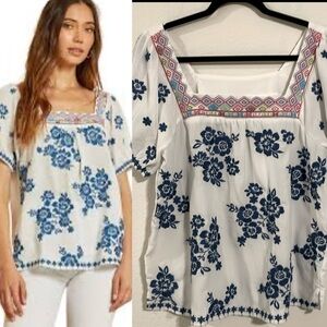 Savanna Jane Women Shirt Medium Solid Ivory Floral Embroidered Coastal Cowgirl